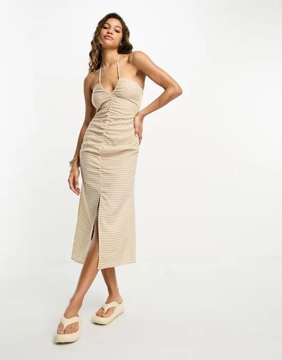 ruched maxi dress in beige gingham