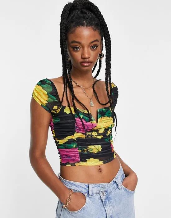 ruched mesh crop top with V-bar in floral