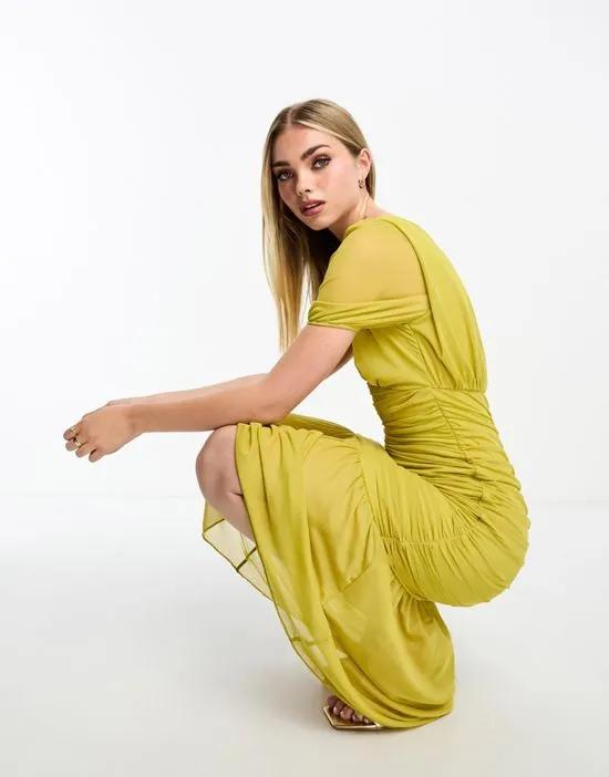 ruched midi dress in olive