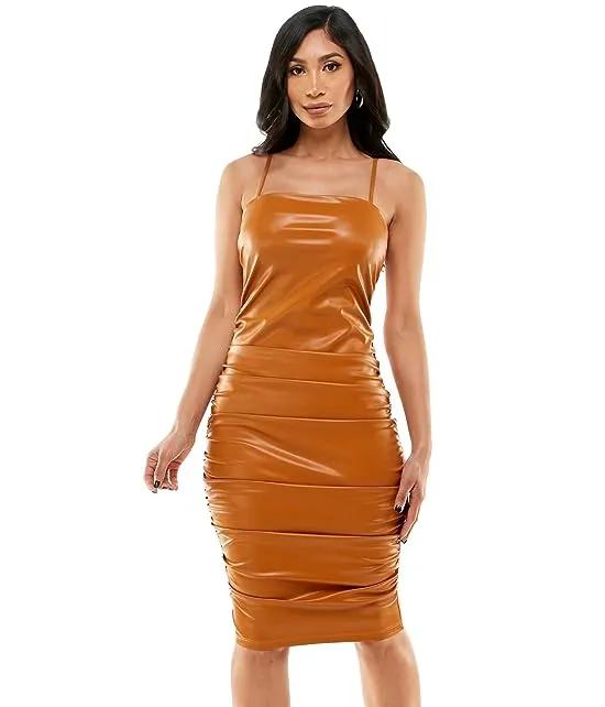 Ruched Midi Faux Leather Dress