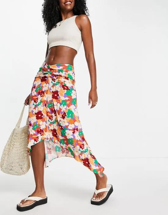 ruched midi skirt in bold floral print