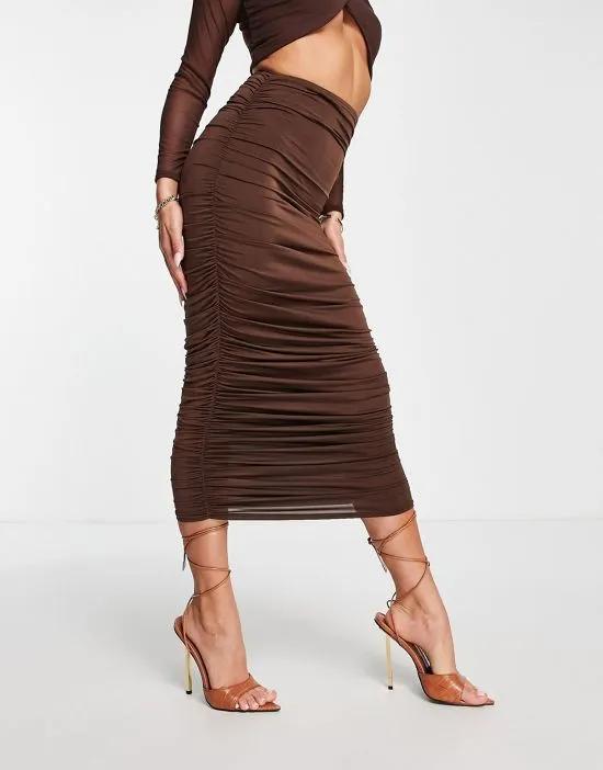 ruched midi skirt in chocolate - part of a set