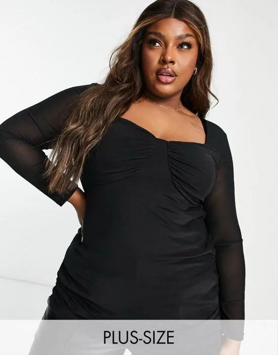 ruched overlay long sleeve top in black