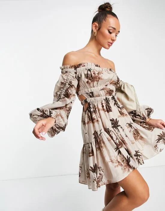ruched paneled off-the-shoulder mini dress in palm print