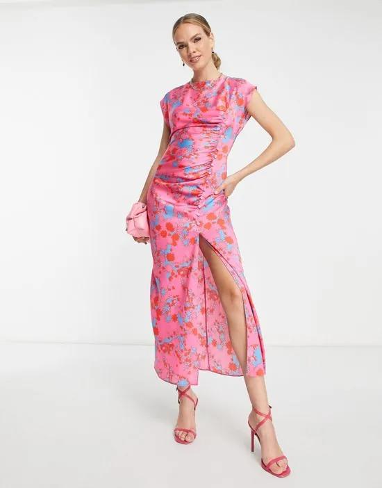 ruched side button cap sleeve satin maxi dress in pink based floral print