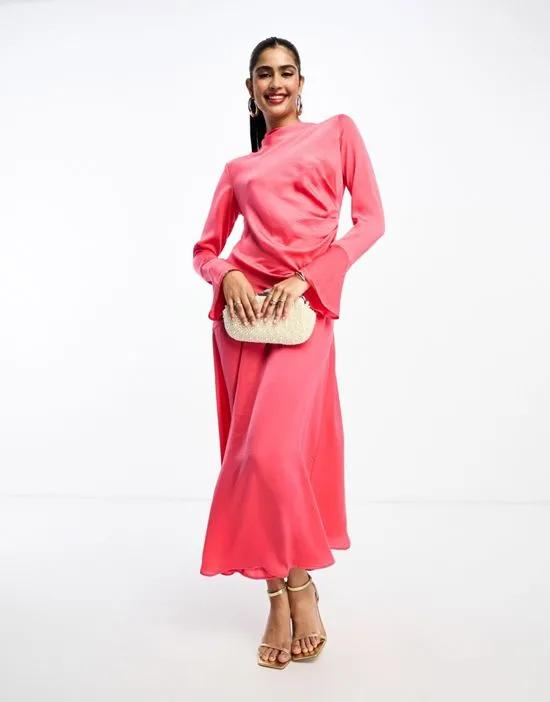 ruched side cowl neck maxi dress with asymmetric tier in hot pink
