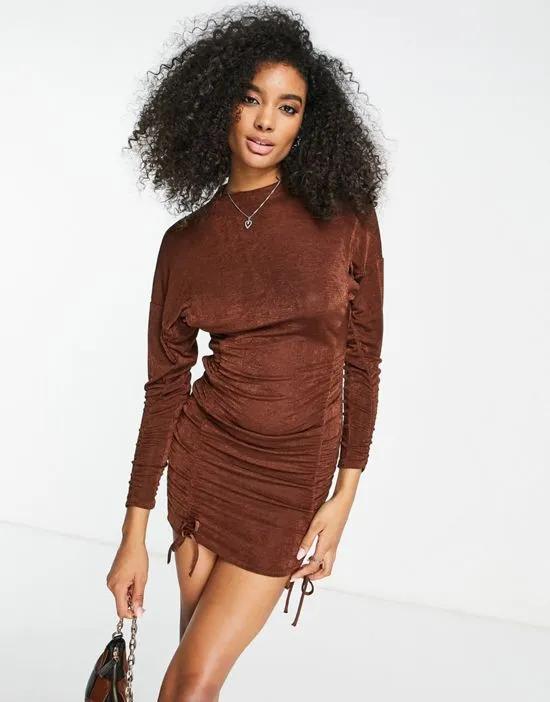 ruched side mini dress in chocolate