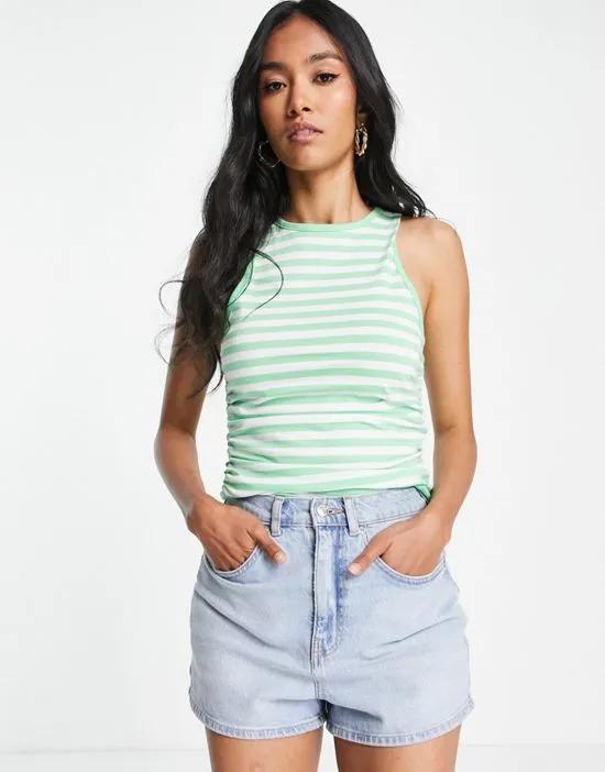 ruched side tank in green and white stripe