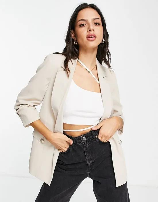 ruched sleeve blazer in beige