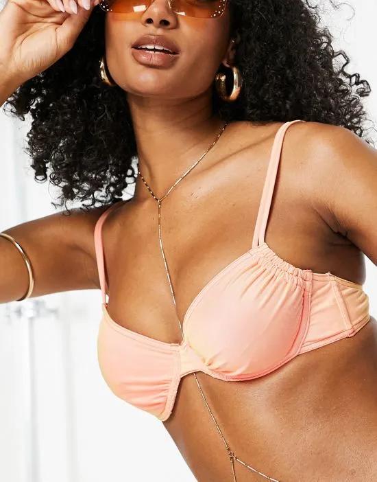 ruched underwired bikini top in shimmer coral