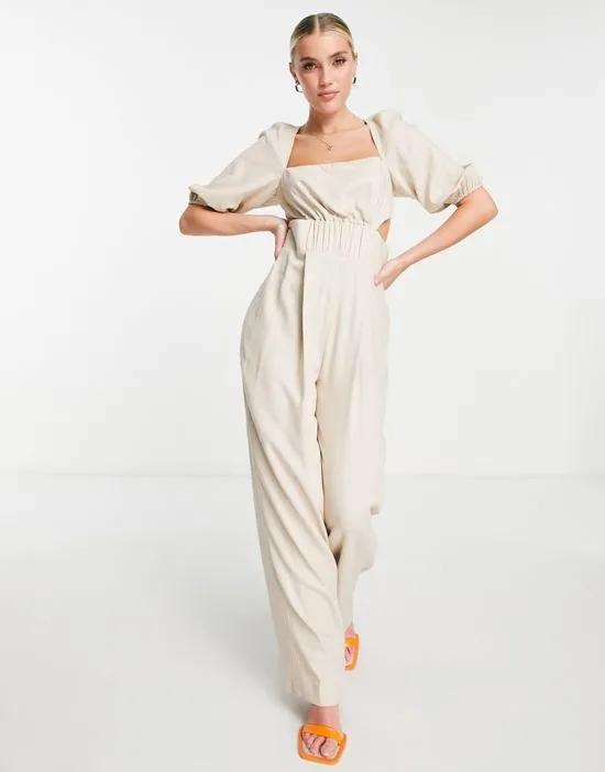 ruched waist puff sleeve linen jumpsuit in stone