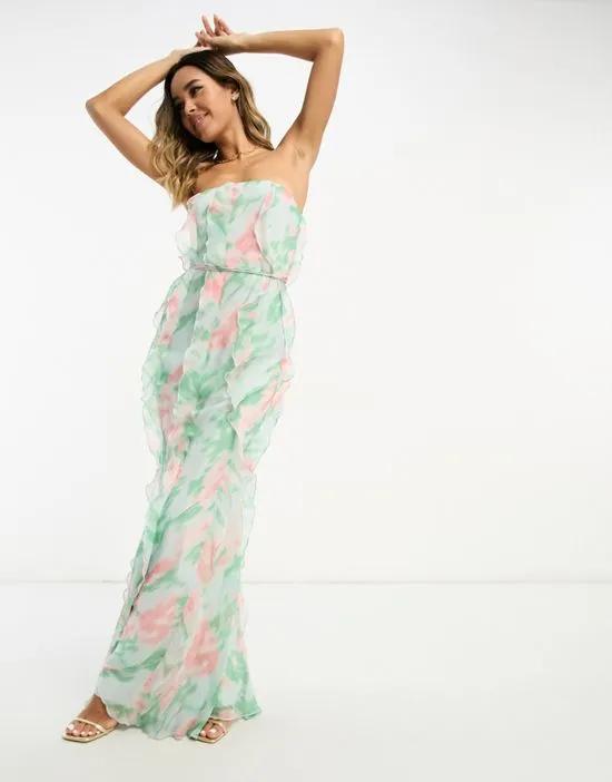ruffle bandeau maxi dress with tie waist in watercolor print