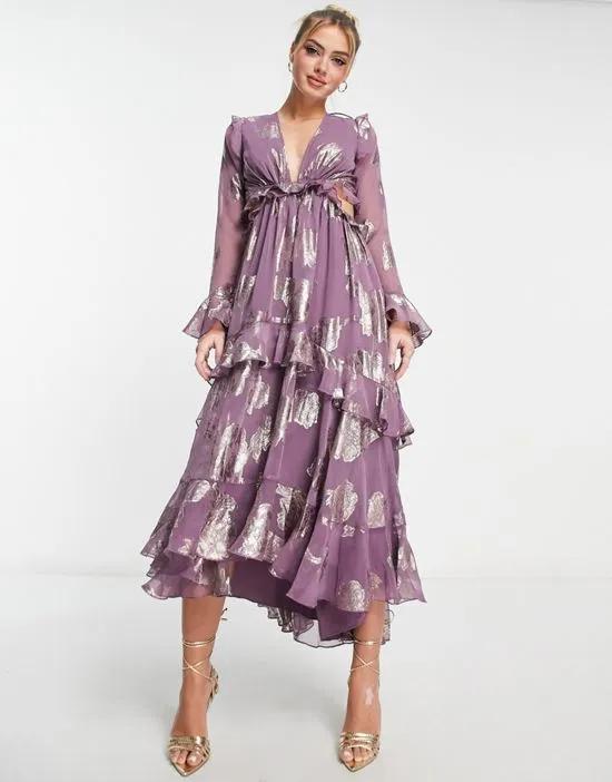 ruffle floral jacquard midi dress with tiered skirt in mauve
