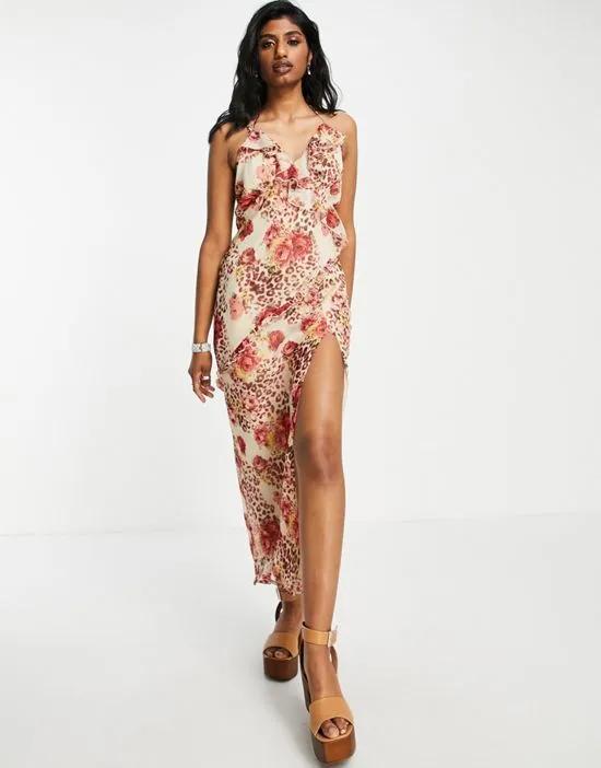 ruffle front maxi slip dress in animal floral print
