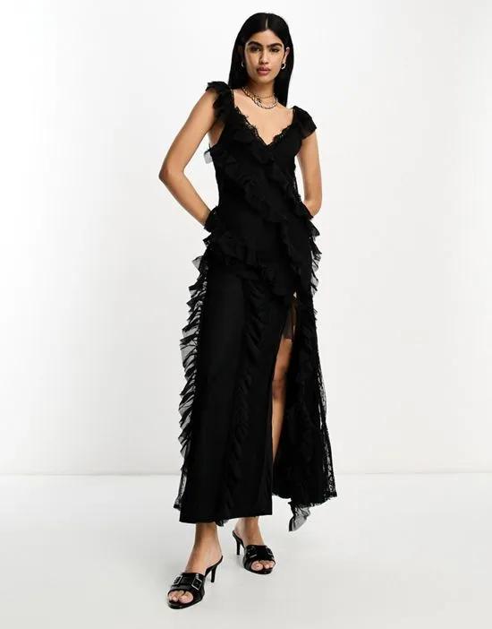 ruffle lace maxi dress in black
