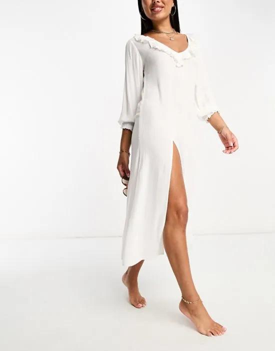 ruffle long sleeve summer dress in white