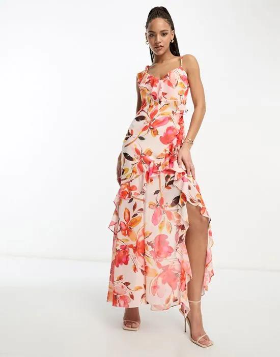 ruffle maxi dress in red floral
