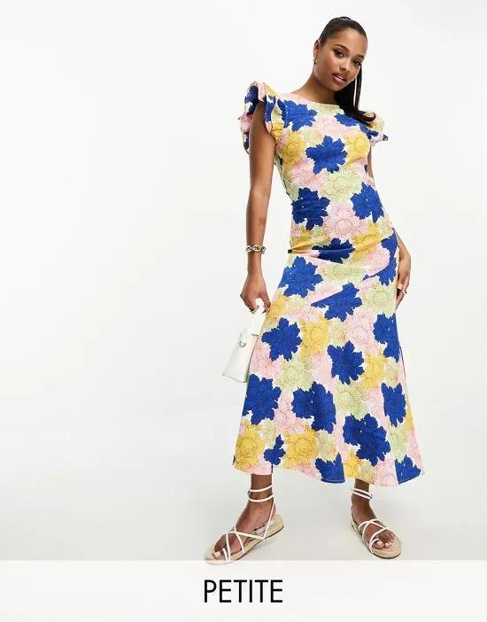 ruffle shoulder maxi dress in bright floral