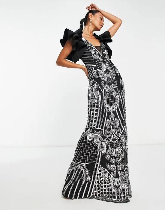 ruffle sleeve all over sequin maxi in black and silver