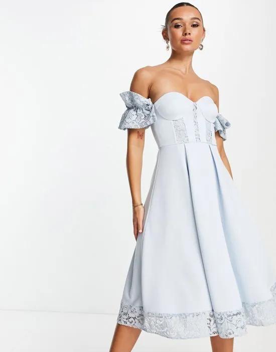 ruffle sleeve lace Bardot midi prom dress in dusky blue