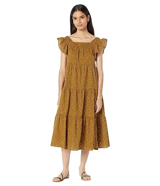 Ruffle-Sleeve Tiered Midi Dress in Daisy Stitch
