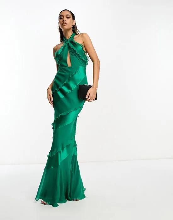 ruffle twisted halterneck maxi dress with tie waist detail in sea green