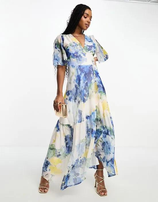 ruffle wrap maxi dress in blue floral print