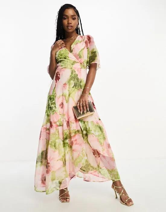 ruffle wrap maxi dress in pink floral print