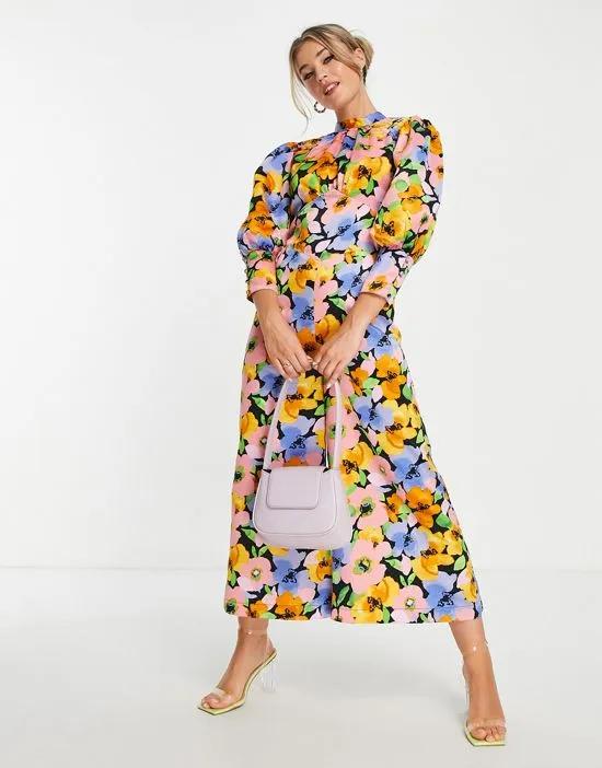 satin balloon sleeve open back tea jumpsuit in bold floral print