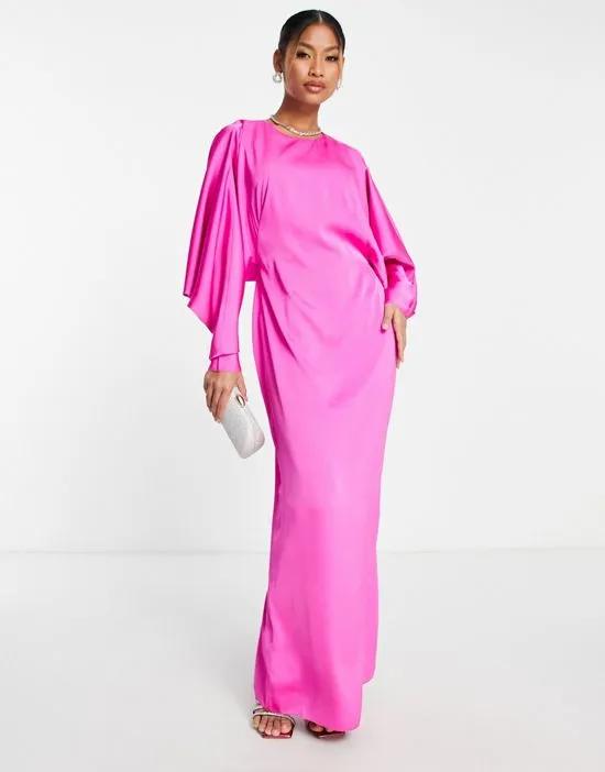 satin batwing maxi dress with drape v back in bright pink