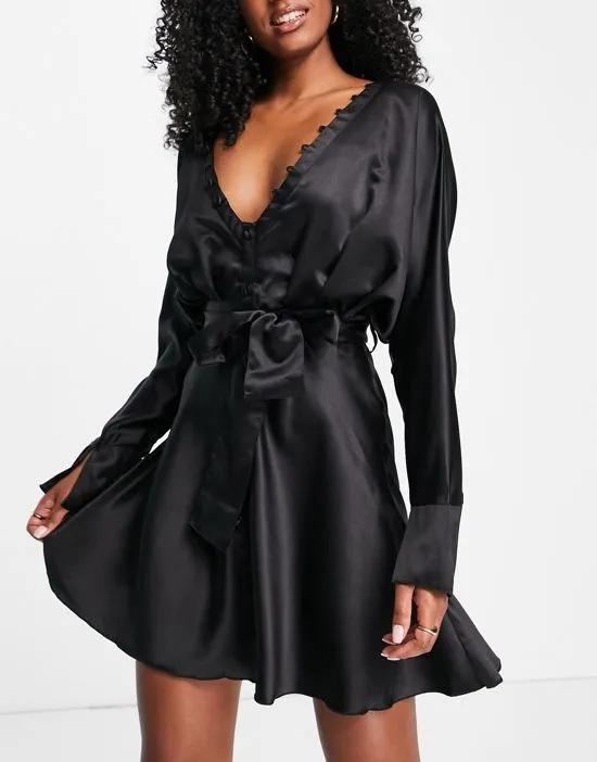 satin batwing mini dress with button front detail and tie front in black