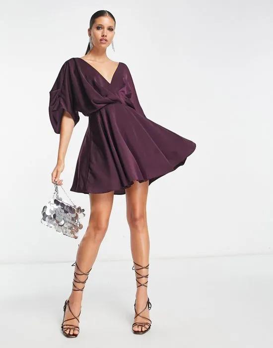 satin batwing mini dress with pleated bodice detail in wine