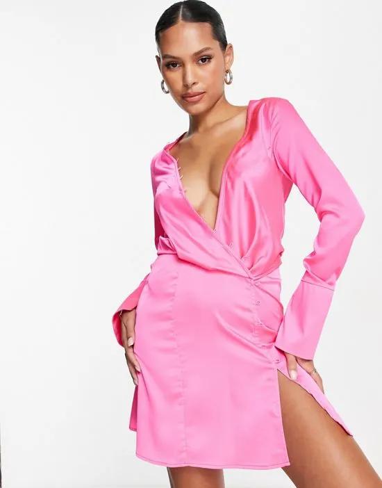 Satin bias cut drape mini dress with button detail in pink