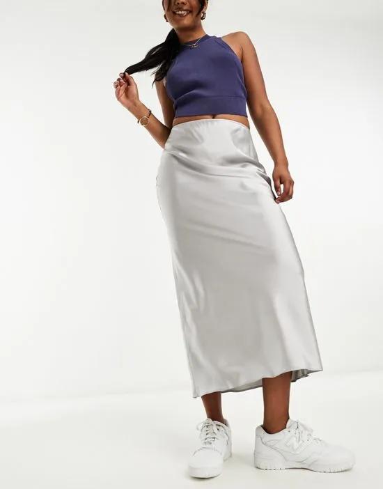 satin bias midi skirt in silver