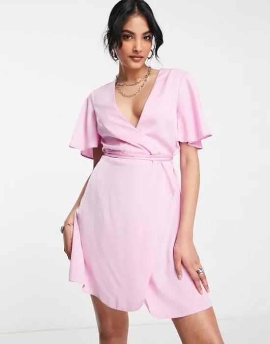 satin bias mini wrap dress with fluted sleeve in lilac