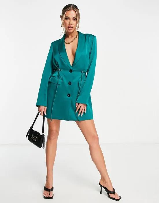 satin blazer dress with elasticized waist in green