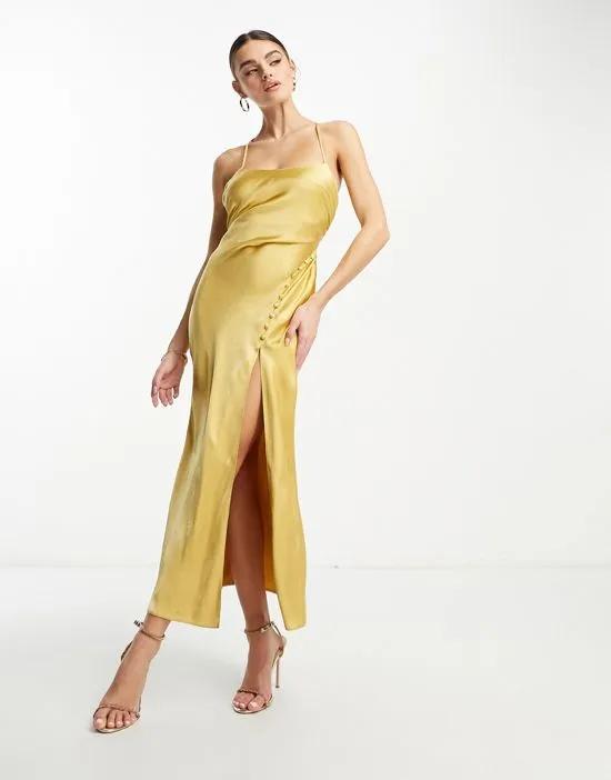 satin button front maxi dress with lace up back detail in gold