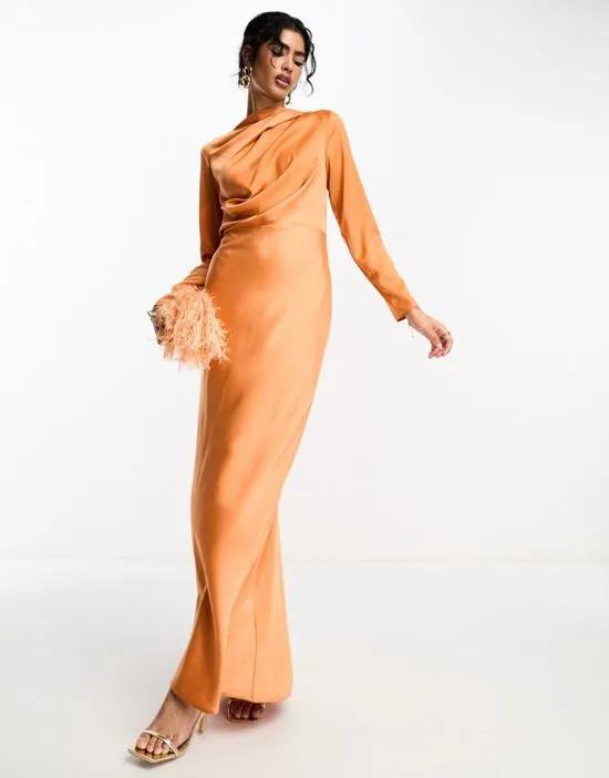 satin button shoulder maxi dress with drape bodice detail in rust