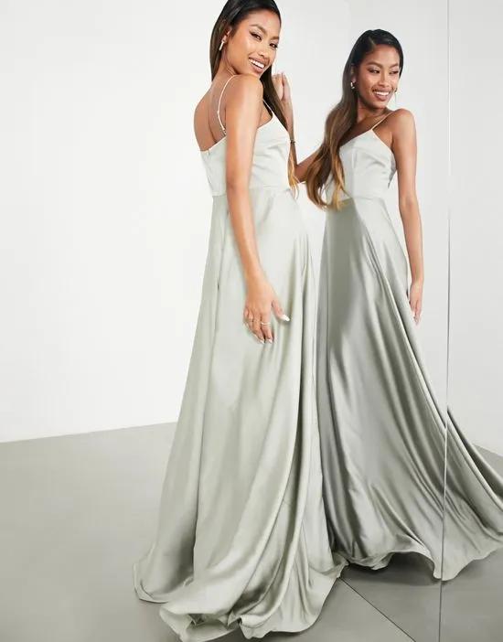 satin cami maxi dress with full skirt in sage green