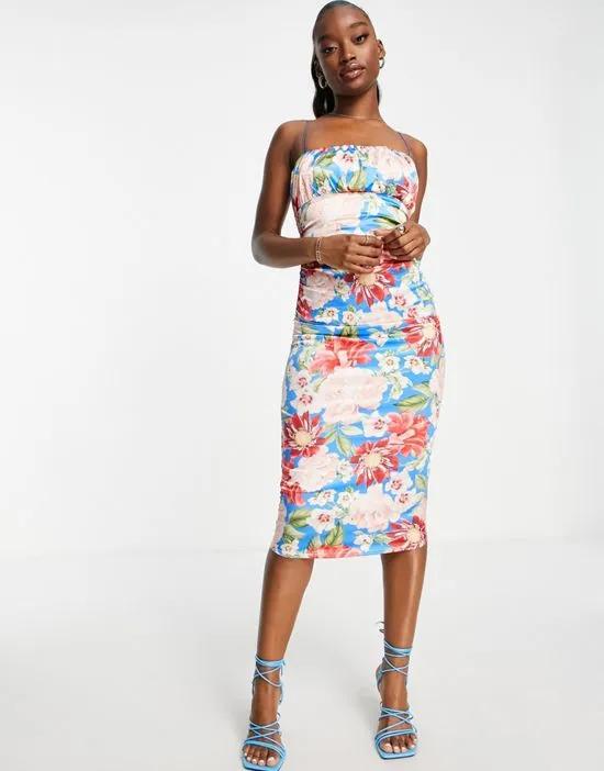 satin cami ruched bust lace up back midi dress in bright blue floral print