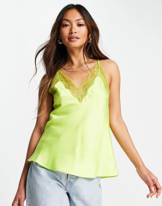 satin cami with lace neck and waist insert in lime green