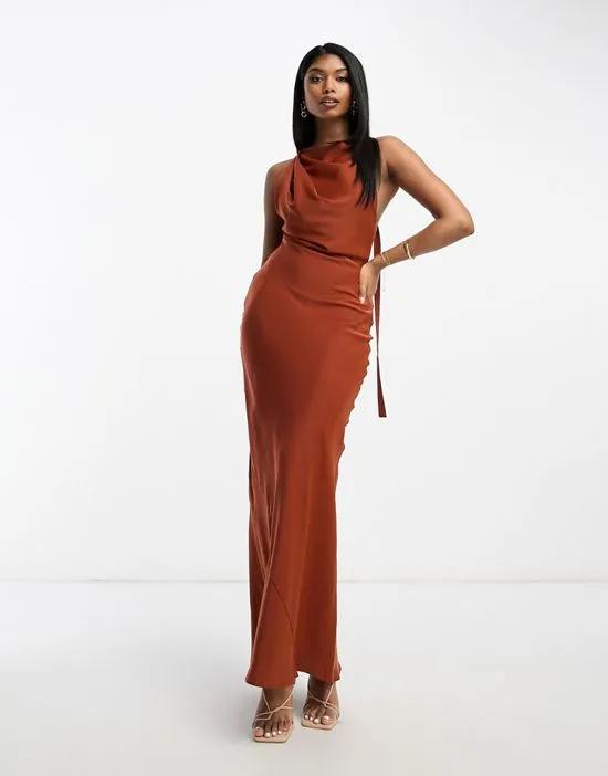 satin cowl back maxi dress with buckle strap detail in rust