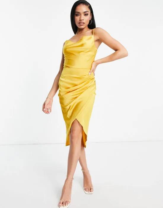 satin cowl front pencil dress with asymmetric skirt in mustard