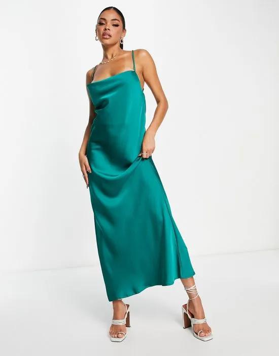 satin cowl front strappy back maxi dress in emerald green