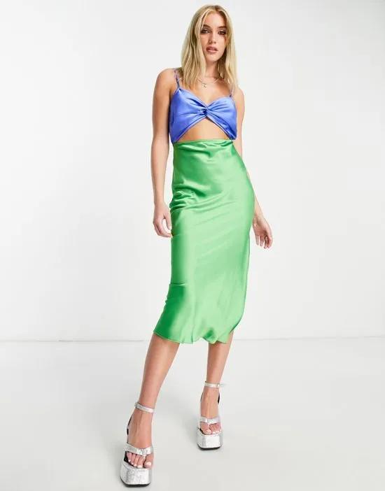 satin cut out color block midi dress in green and blue