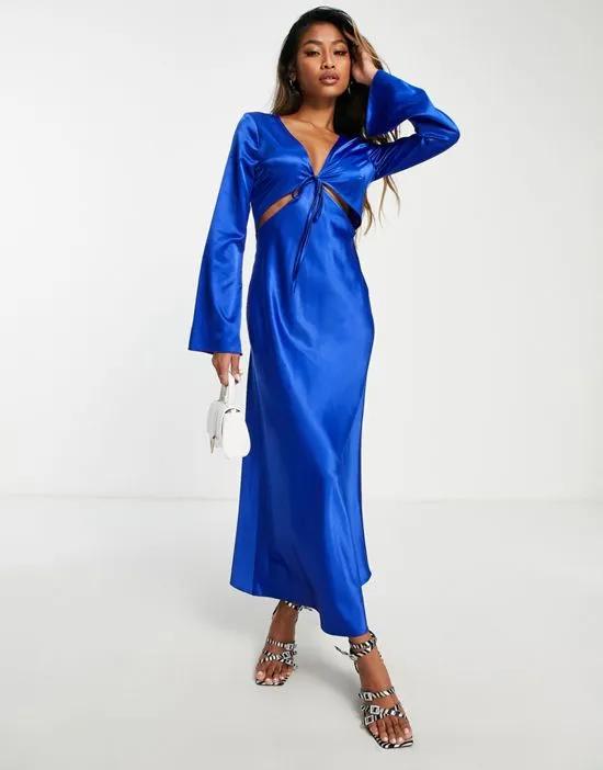 satin cut out midi dress in blue