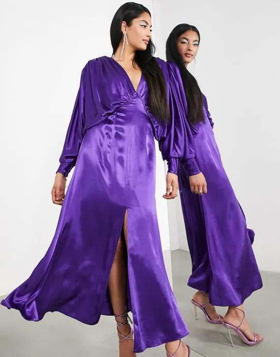 satin drape batwing midi dress in purple