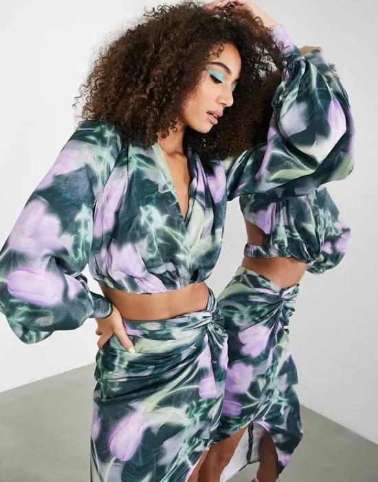 satin drape blouson sleeve top with open back in blurred floral print