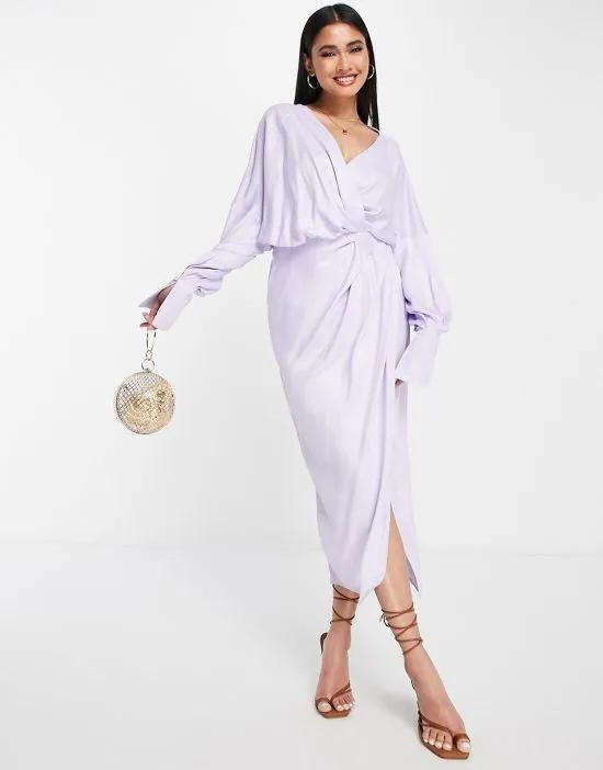 satin drape midi dress with wrap bodice and skirt in lilac