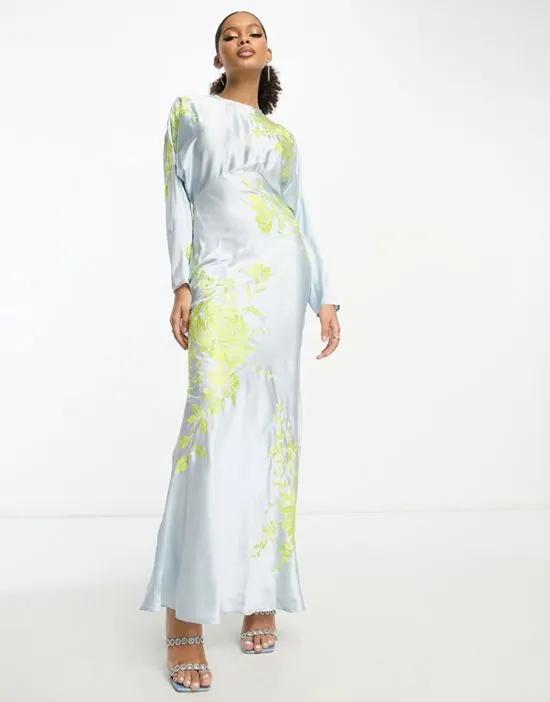 satin embroidered batwing bias cut maxi dress in pale blue